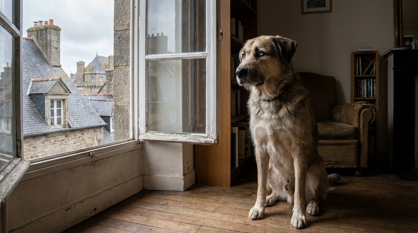 Un chien croisé labrador et husky au regard triste, symbolisant la détresse d'un animal victime de maltraitance en Bretagne.
