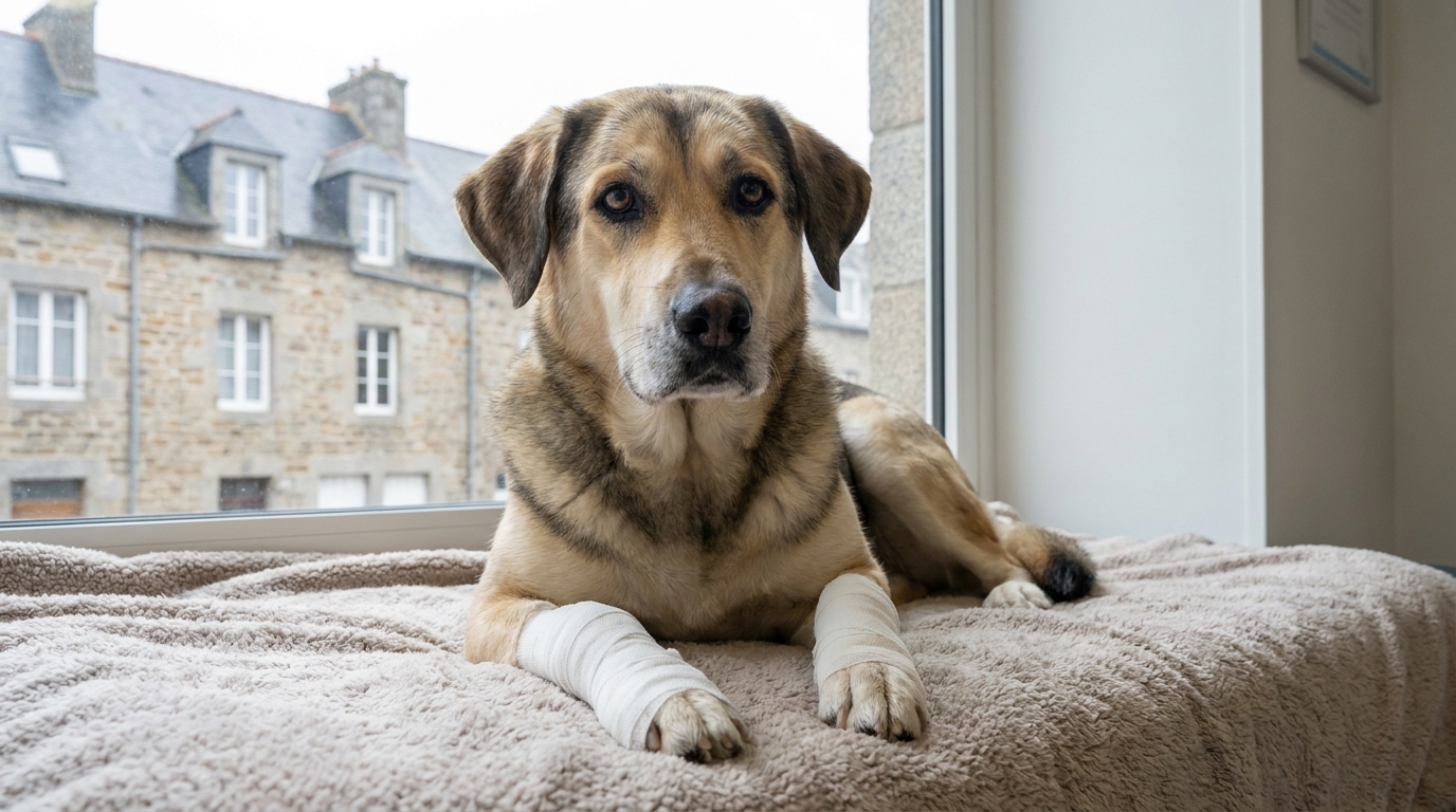 Un chien croisé labrador blessé avec des bandages aux pattes regarde tristement depuis son panier dans un refuge en Bretagne.