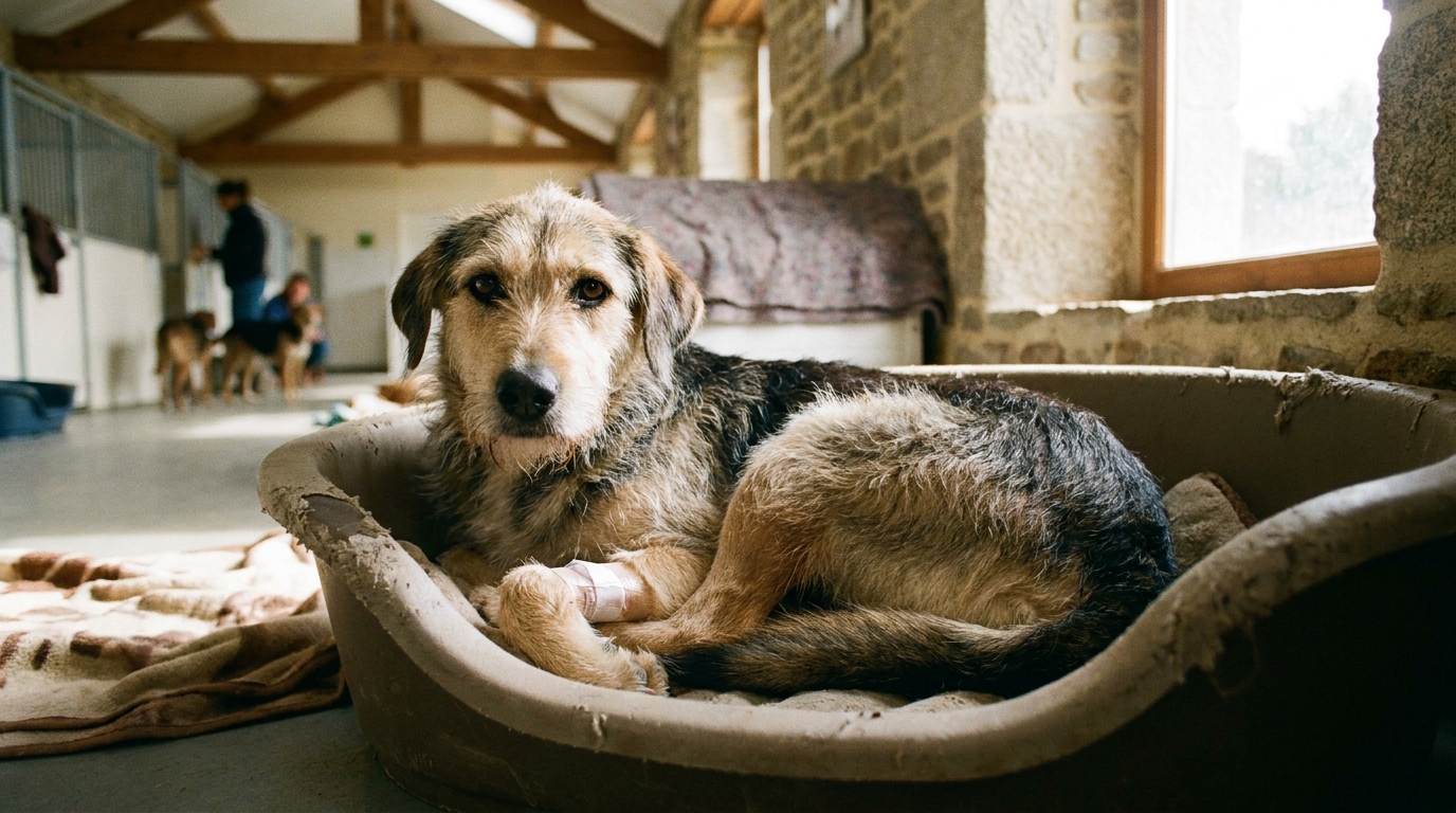 Un chien croisé labrador au regard touchant, couché dans un panier de refuge, symbolisant la résilience après un drame.
