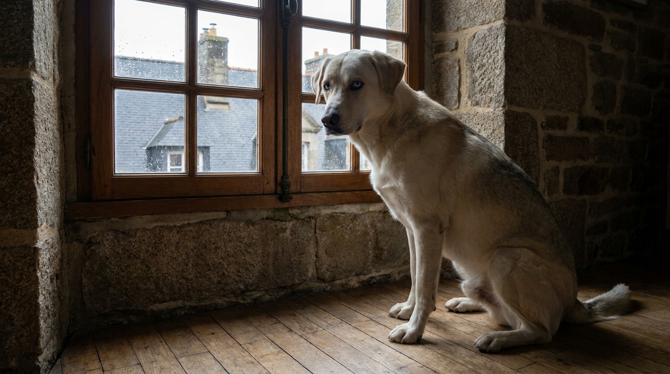 Un chien croisé labrador et husky au regard mélancolique, assis près d'une fenêtre dans un appartement, symbolisant l'attente et la trahison.