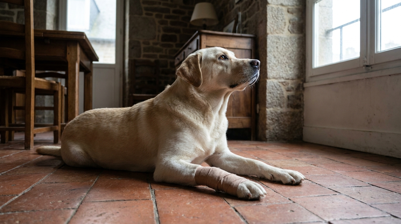 Un chien croisé labrador et husky au regard triste, le museau posé près d'une fenêtre, symbolisant l'attente et la trahison.