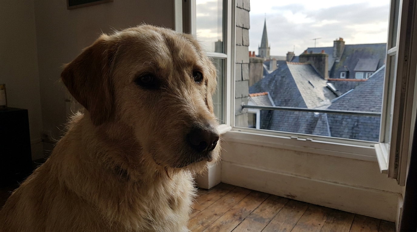 Un chien croisé labrador et husky est assis, l'air triste et pensif, symbolisant l'attente et la trahison après une adoption qui a mal tourné.