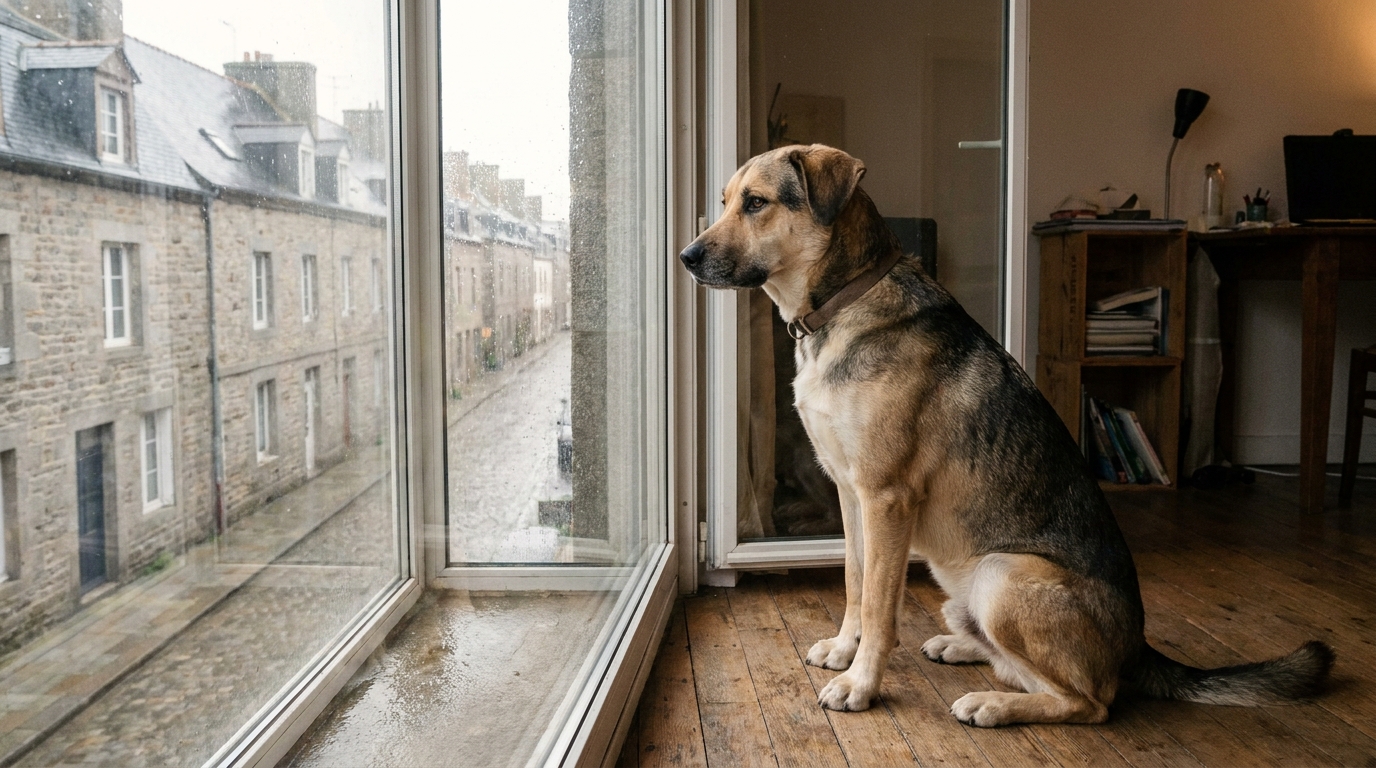 Un chien croisé labrador au regard triste, assis à l'intérieur, regardant à travers une fenêtre un immeuble en pierre typique de Bretagne.