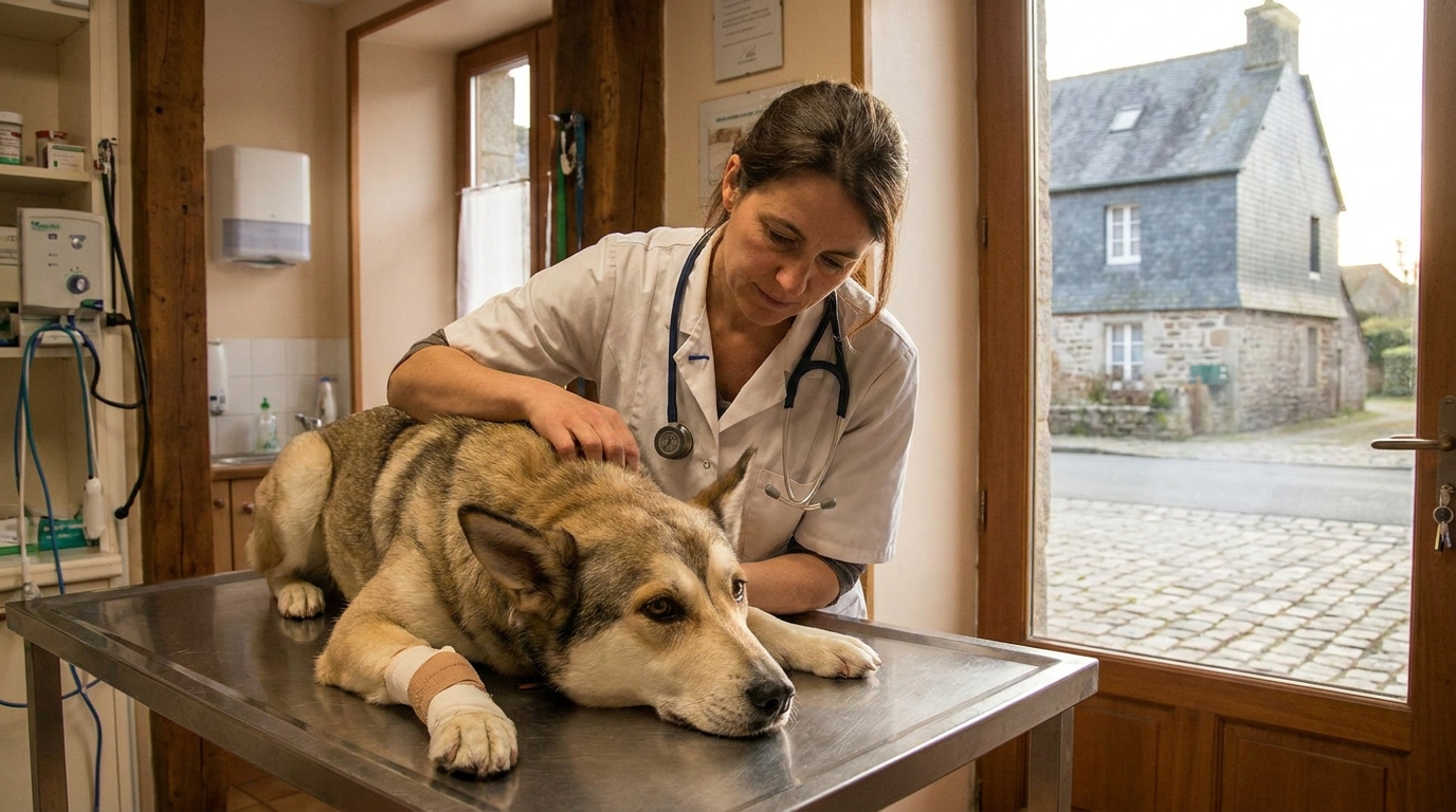 Un chien croisé labrador et husky au regard triste, couché dans un box de la SPA, attendant des soins après une terrible épreuve.