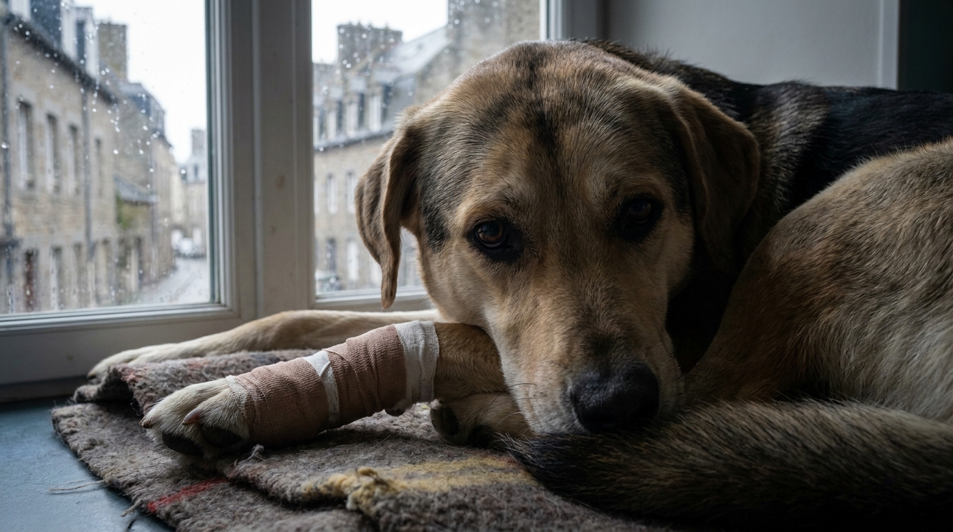 Un chien croisé labrador et husky au regard triste, couché dans un panier au sein d'un refuge, symbolisant la détresse des animaux maltraités.