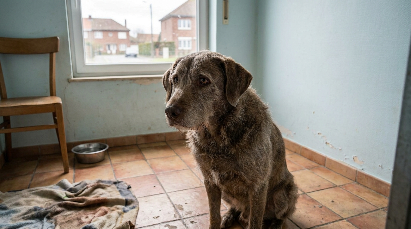 Un chien de type croisé labrador au regard triste, assis dans un environnement qui pourrait être un refuge ou une clinique vétérinaire.