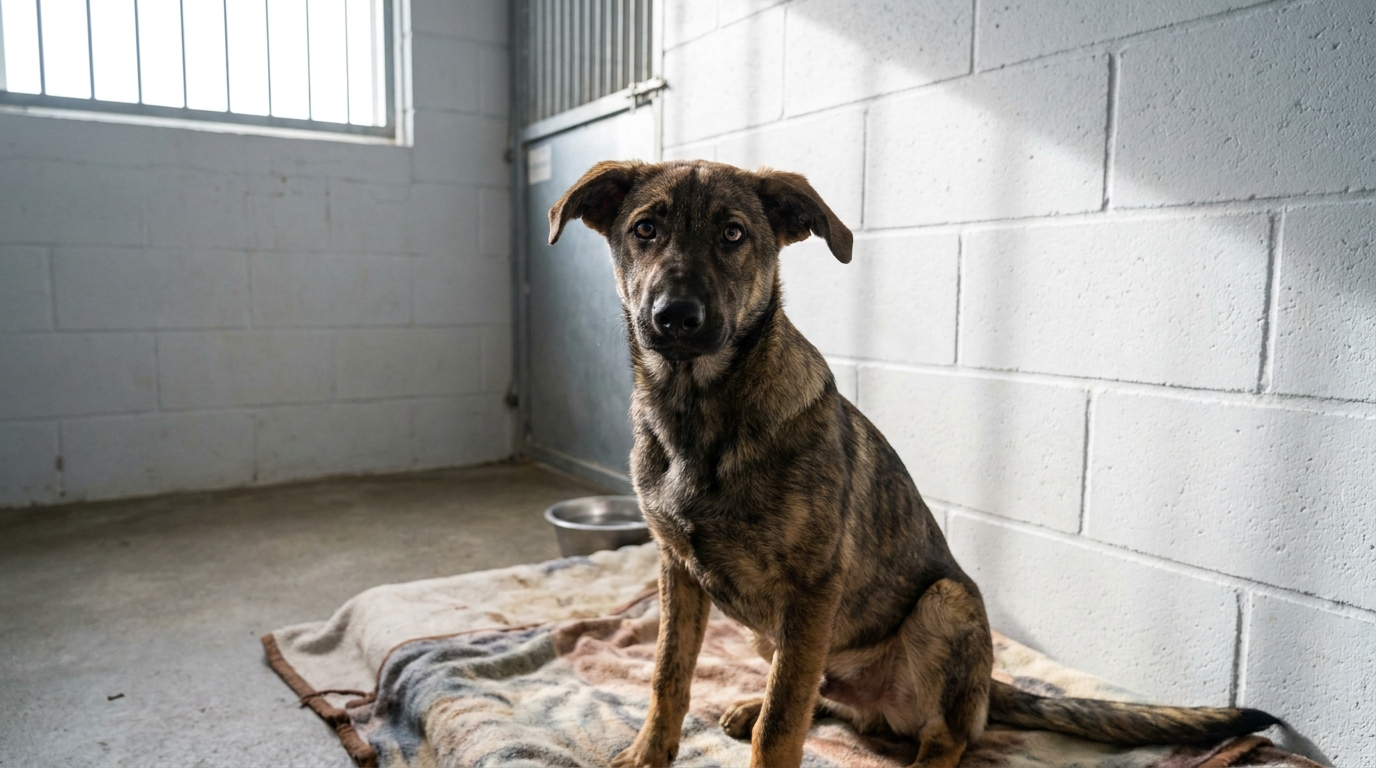 Un jeune chien croisé Malinois et Berger Allemand assis dans son box de refuge, le regard empreint d'incertitude et d'espoir.