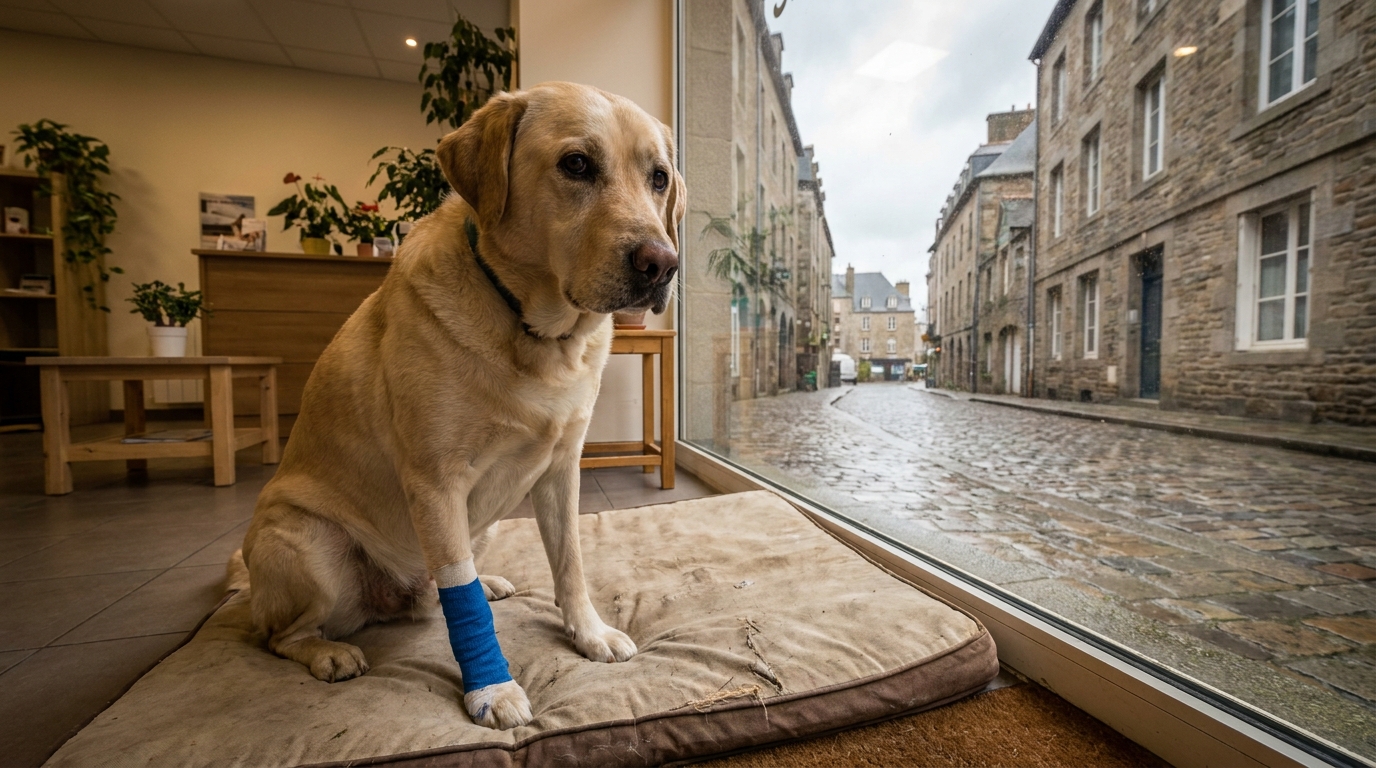 Un chien croisé type labrador avec une patte bandée regarde tristement par la fenêtre d'une clinique vétérinaire en Bretagne.