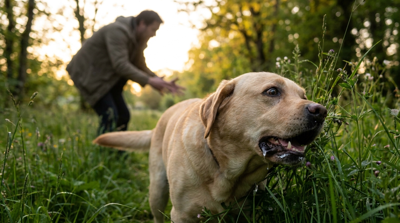 Un chien de type Golden Retriever avec la gueule ouverte, la langue légèrement gonflée, l'air affolé, dans un parc en France.