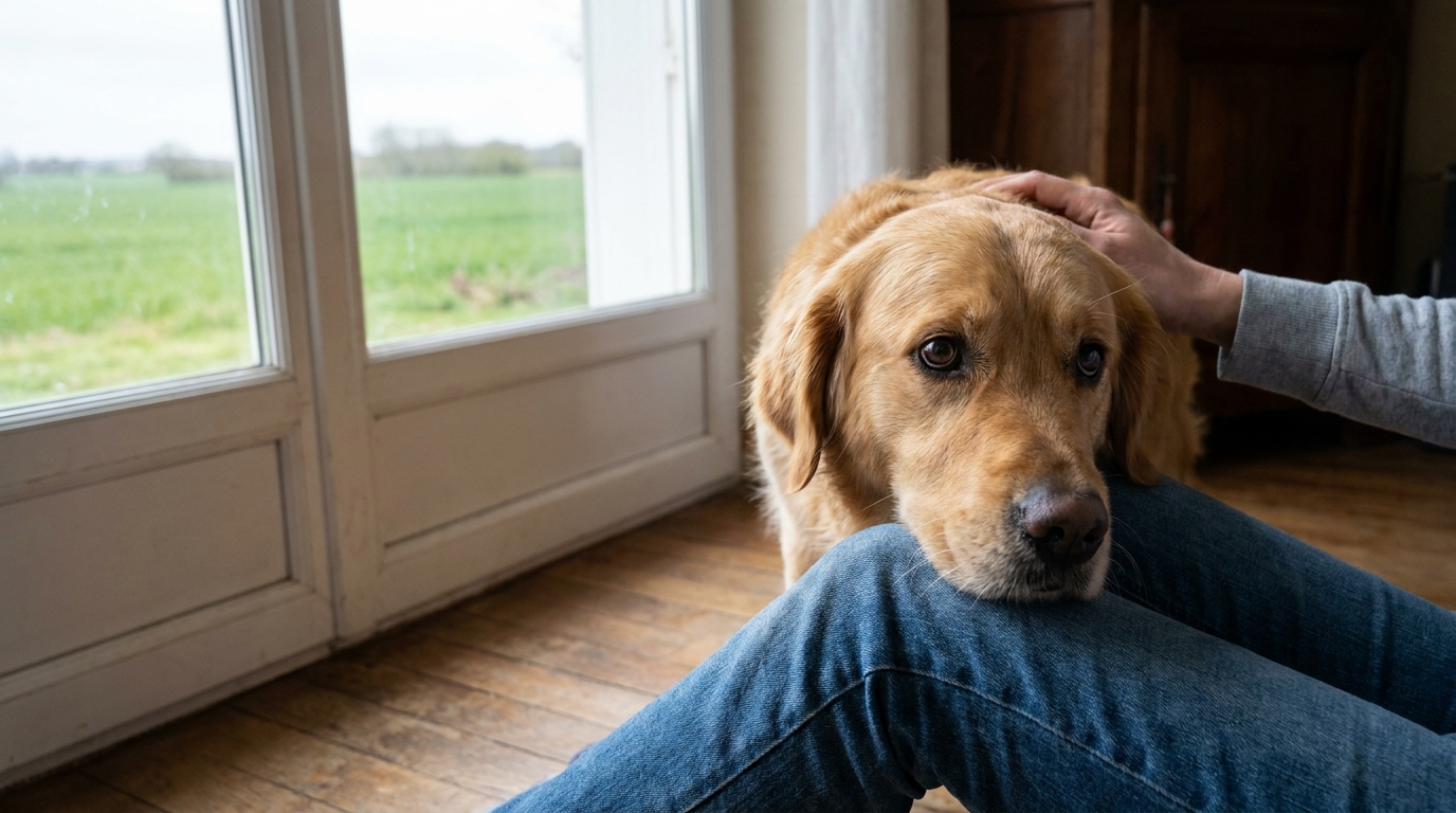 Un chien effrayé se cache près de son maître à l'intérieur d'une maison, regardant avec anxiété vers un champ agricole.