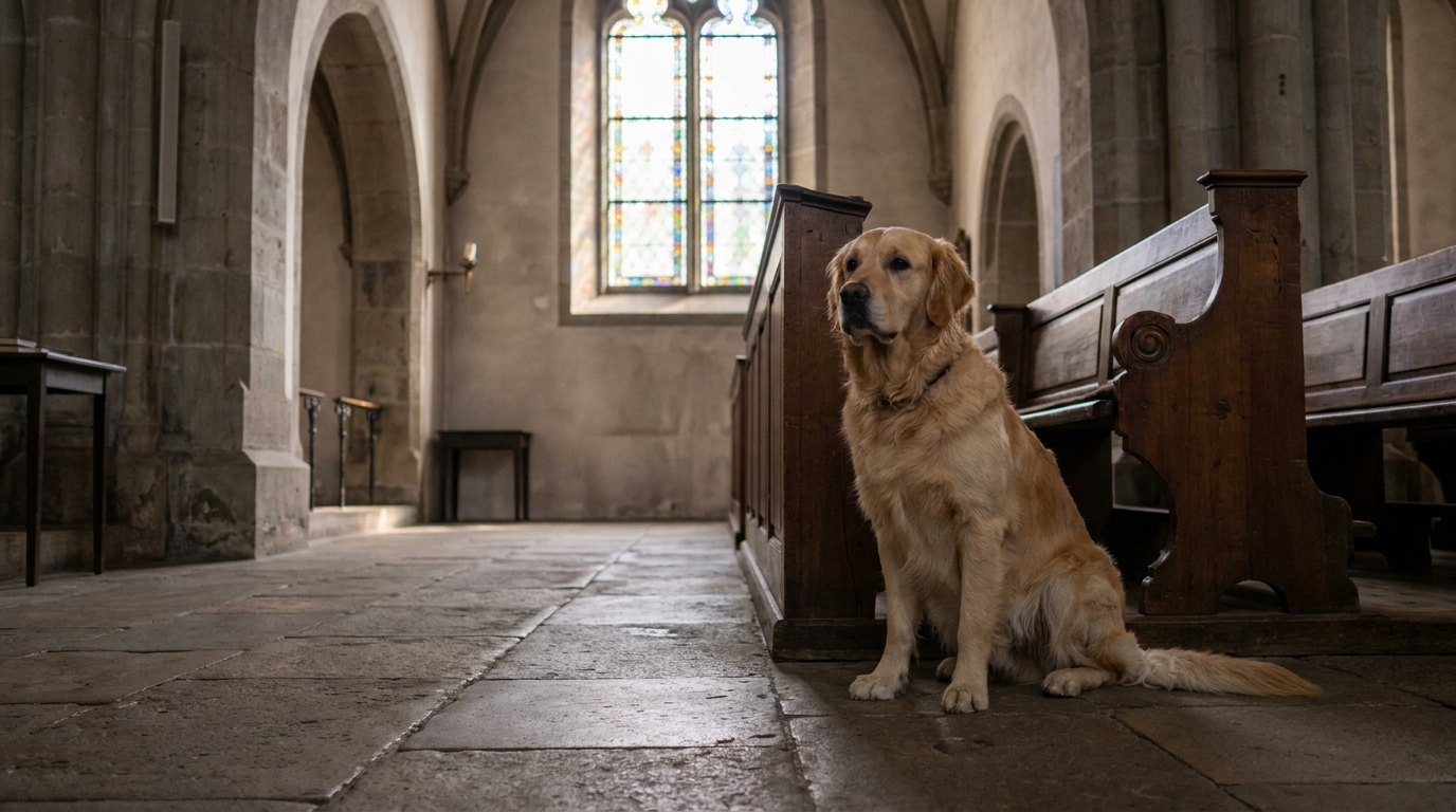 Un chien de type Golden Retriever assis sagement sur le sol en pierre d'une église européenne, regardant vers l'autel.