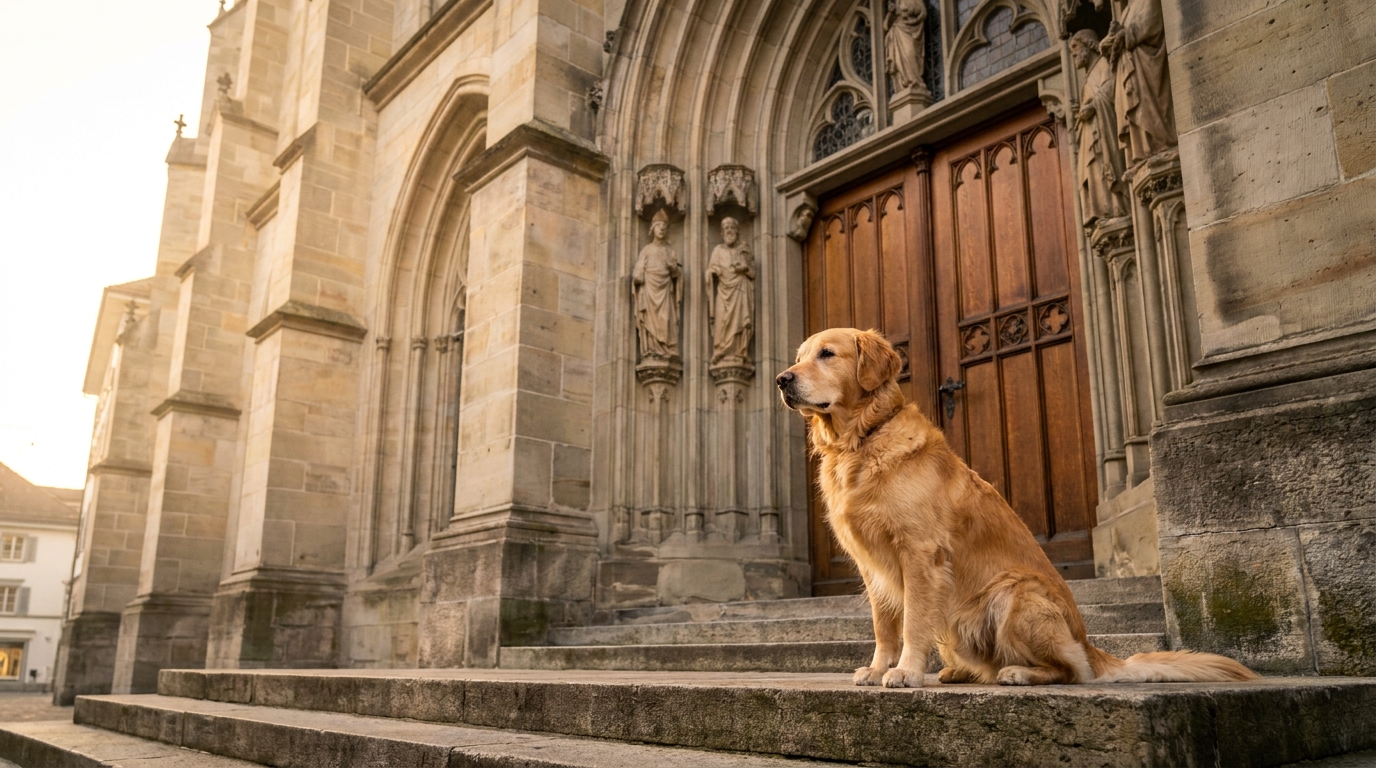 Un chien de race mixte est assis sagement sur le parvis pavé d'une vieille église en pierre à Zurich, attendant son maître.