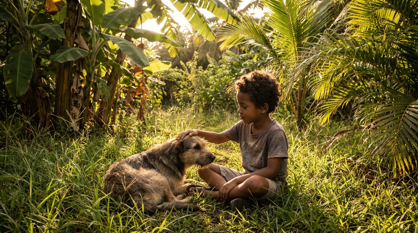 Un enfant assis dans l'herbe à côté d'un chien de famille, la scène est paisible et se déroule dans un décor de Mayotte, avant un drame.