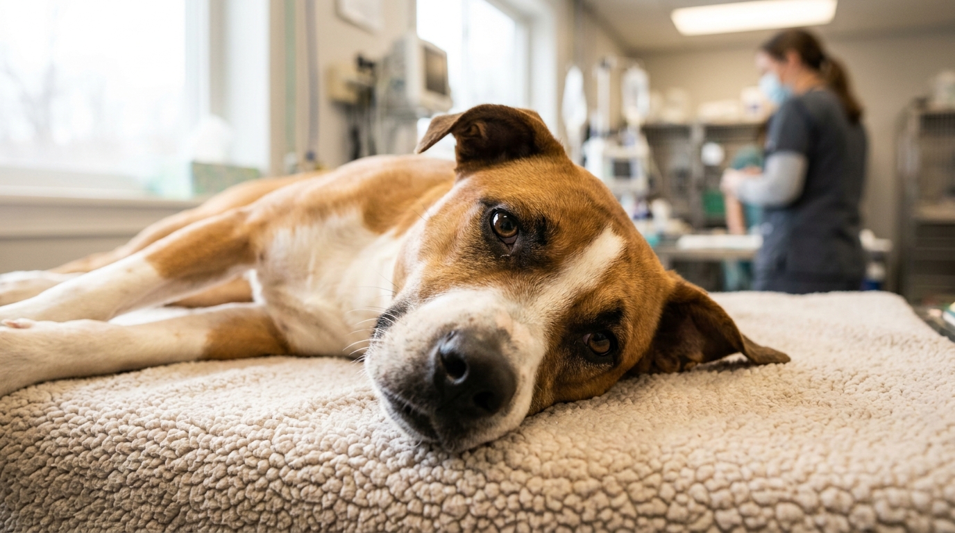 Un chien marron et blanc au regard doux, en convalescence dans un refuge après avoir été sauvé d'une infestation de tiques.