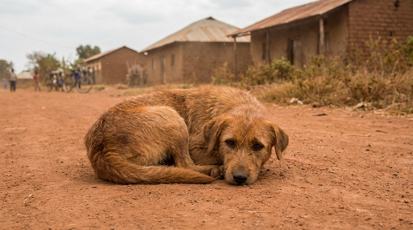 Un chien couleur rouille, l'air triste et vulnérable, est couché sur un chemin de terre en Ouganda, illustrant le sort des animaux exploités.