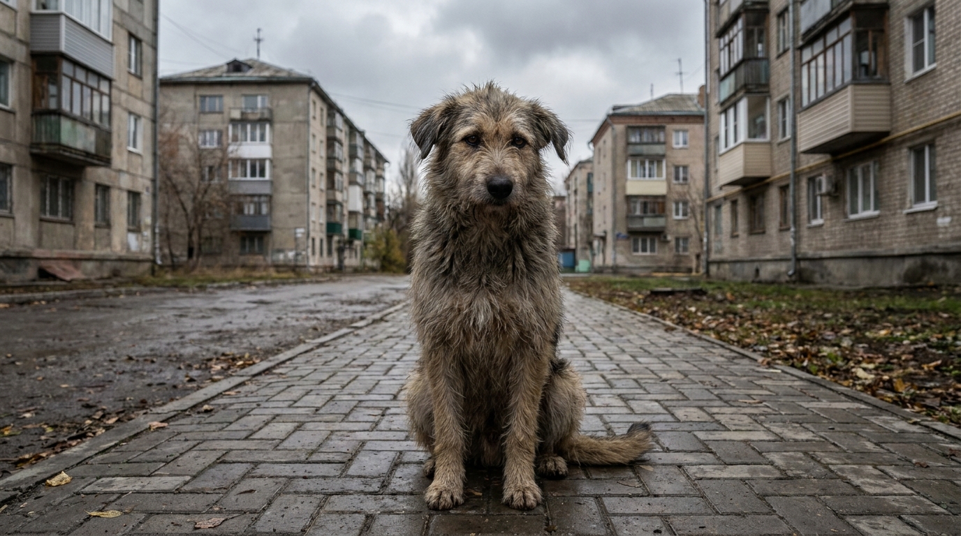 Un chien errant au regard mélancolique, assis seul sur un trottoir dans une ville russe, avec une architecture typique en arrière-plan.