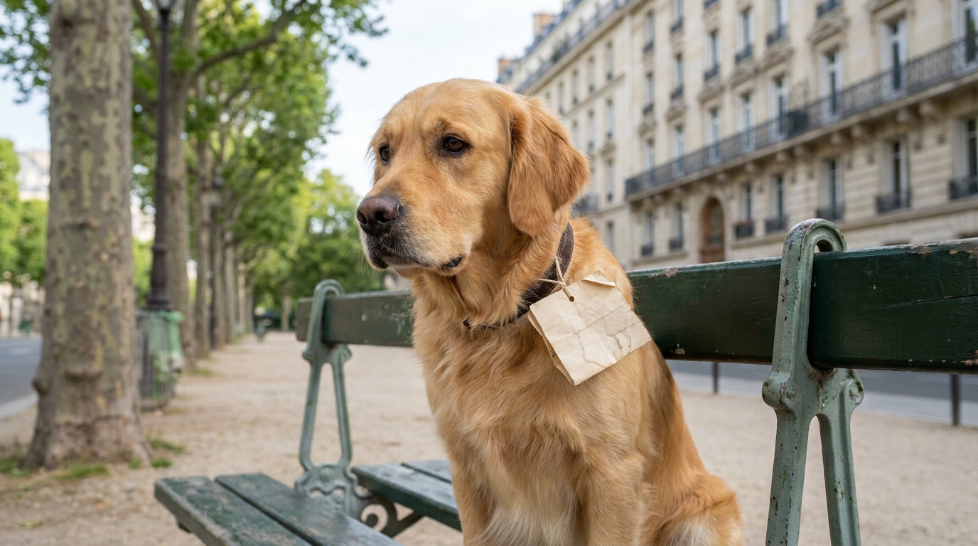 Un Golden Retriever au regard triste assis seul sur un banc de parc en ville, avec une note en papier attachée à son collier.