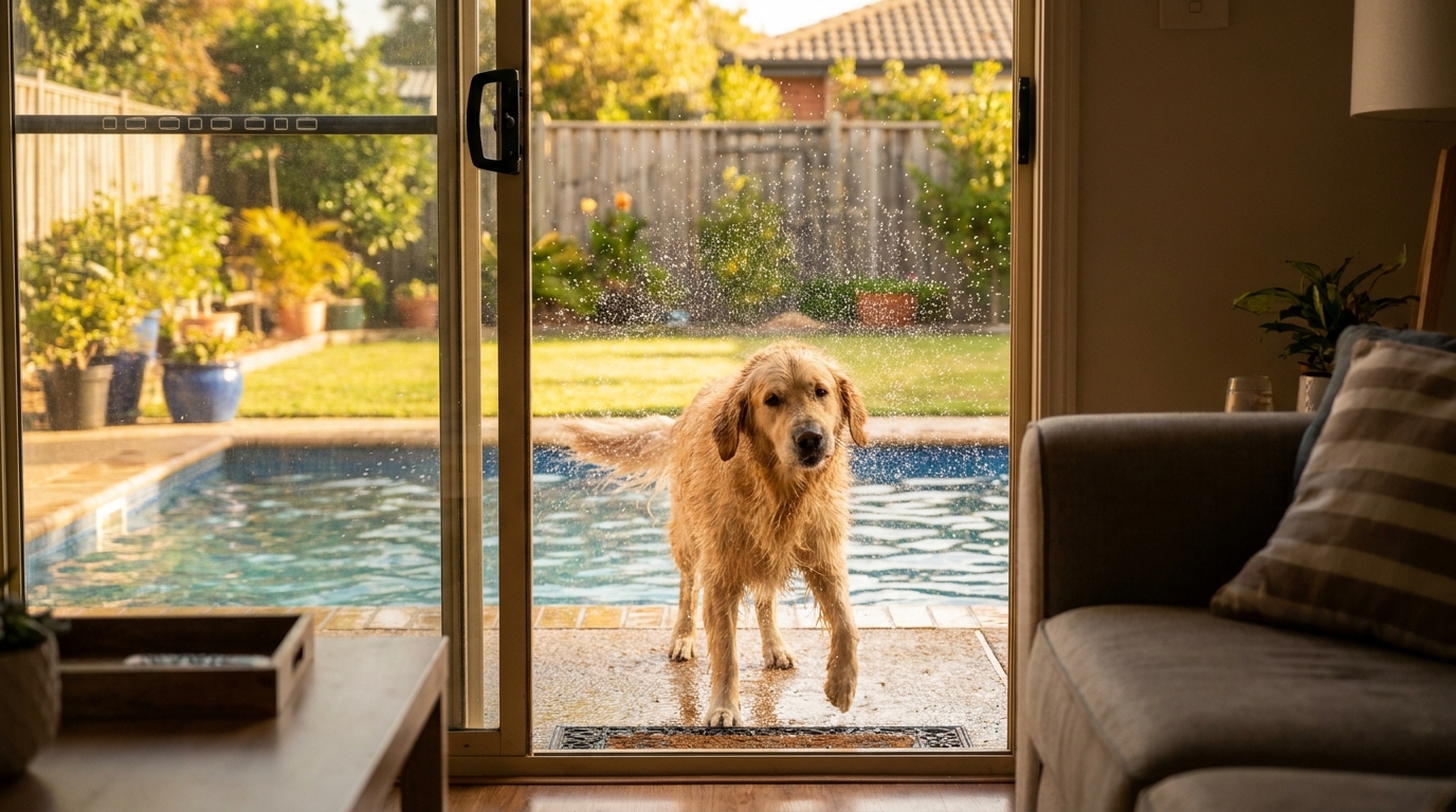 Un Golden Retriever mouillé secoue joyeusement la tête à côté d'une piscine dans un jardin ensoleillé, l'air espiègle.