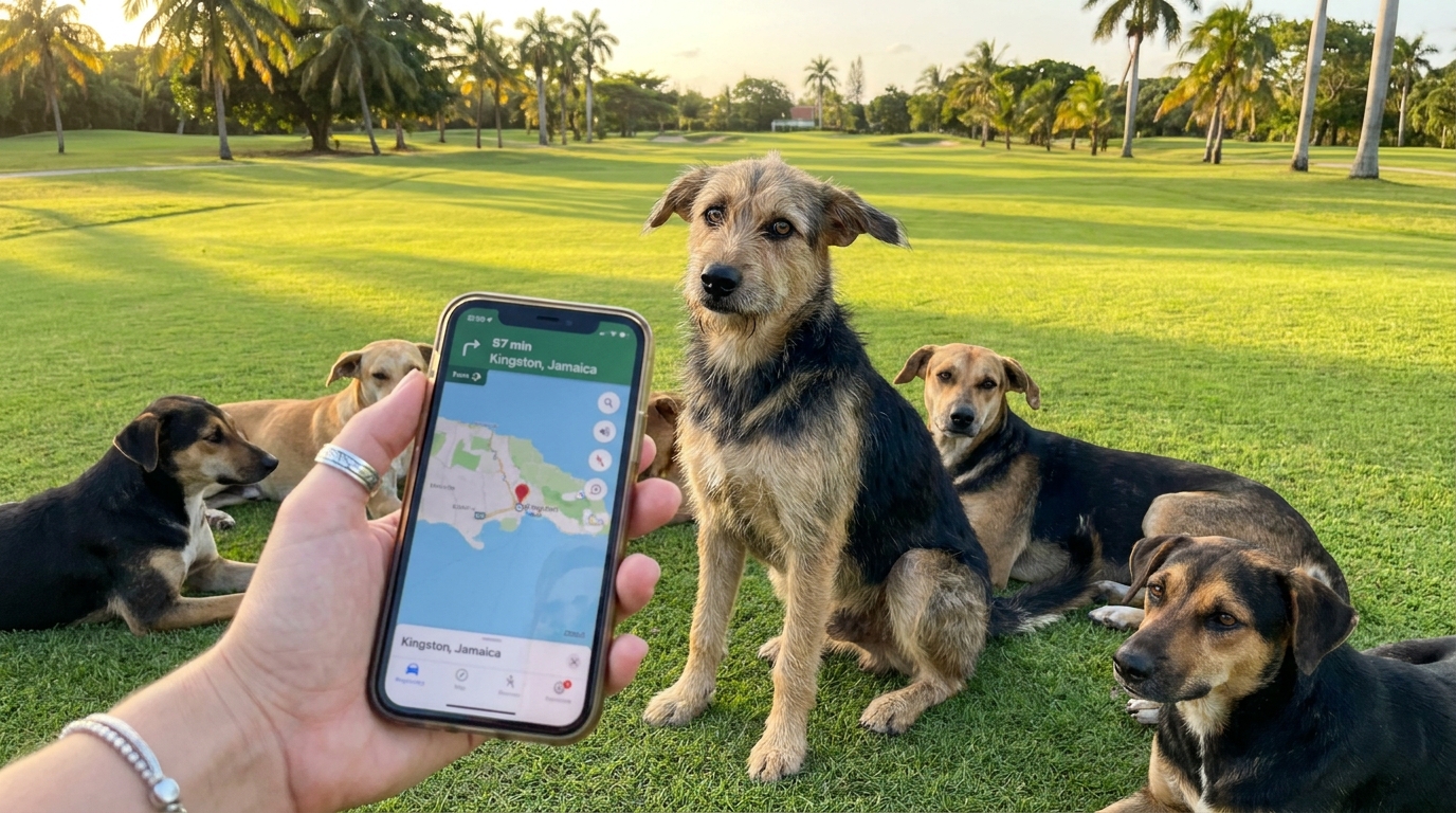 Un chien au pelage clair regarde sa maîtresse avec un air amusé, entouré d'une bande d'autres chiens sur un terrain de golf verdoyant.