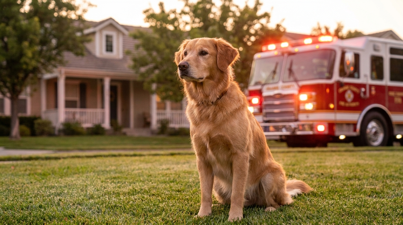 Un chien de race mixte au regard alerte et fier, assis sur la pelouse d'un pavillon de banlieue américaine au petit matin.