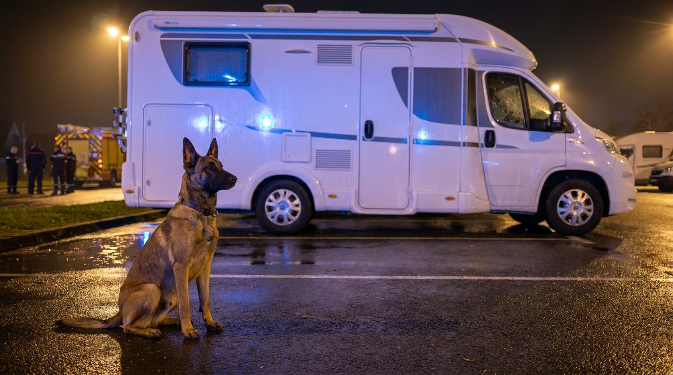 Un jeune chien de type berger regarde attentivement ses maîtres près d'un camping-car, illustrant l'histoire d'un sauvetage héroïque.