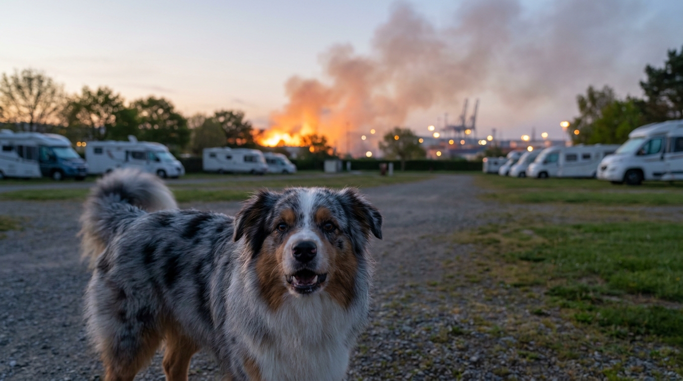 Un chien au regard alerte et protecteur assis devant un camping-car, au crépuscule sur une aire de repos en France.