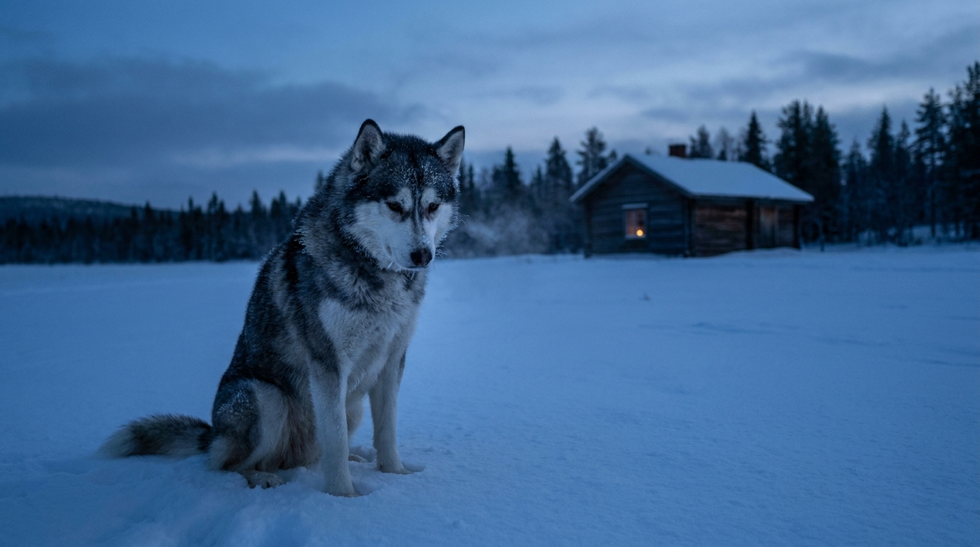 Un chien au regard triste, ressemblant à un husky, assis seul dans un paysage enneigé et froid de l'Alaska, évoquant la solitude.