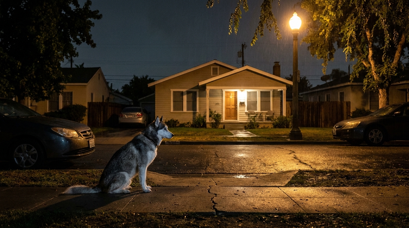 Un chien de type Husky, l'air triste et perdu, est assis sur un trottoir devant une maison résidentielle en Californie.