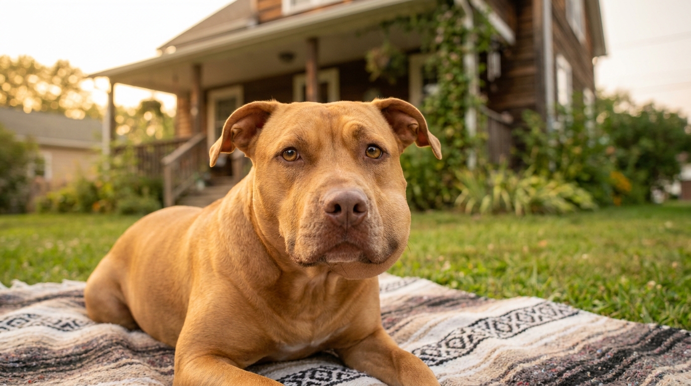 Un chien de type pitbull au regard doux, malgré une tumeur visible sur son visage, se repose dans un jardin ensoleillé.