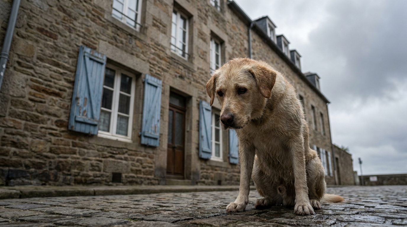 Un chien croisé labrador, rescapé d'une chute, se tient devant un immeuble en pierre typique de Bretagne, le regard triste.