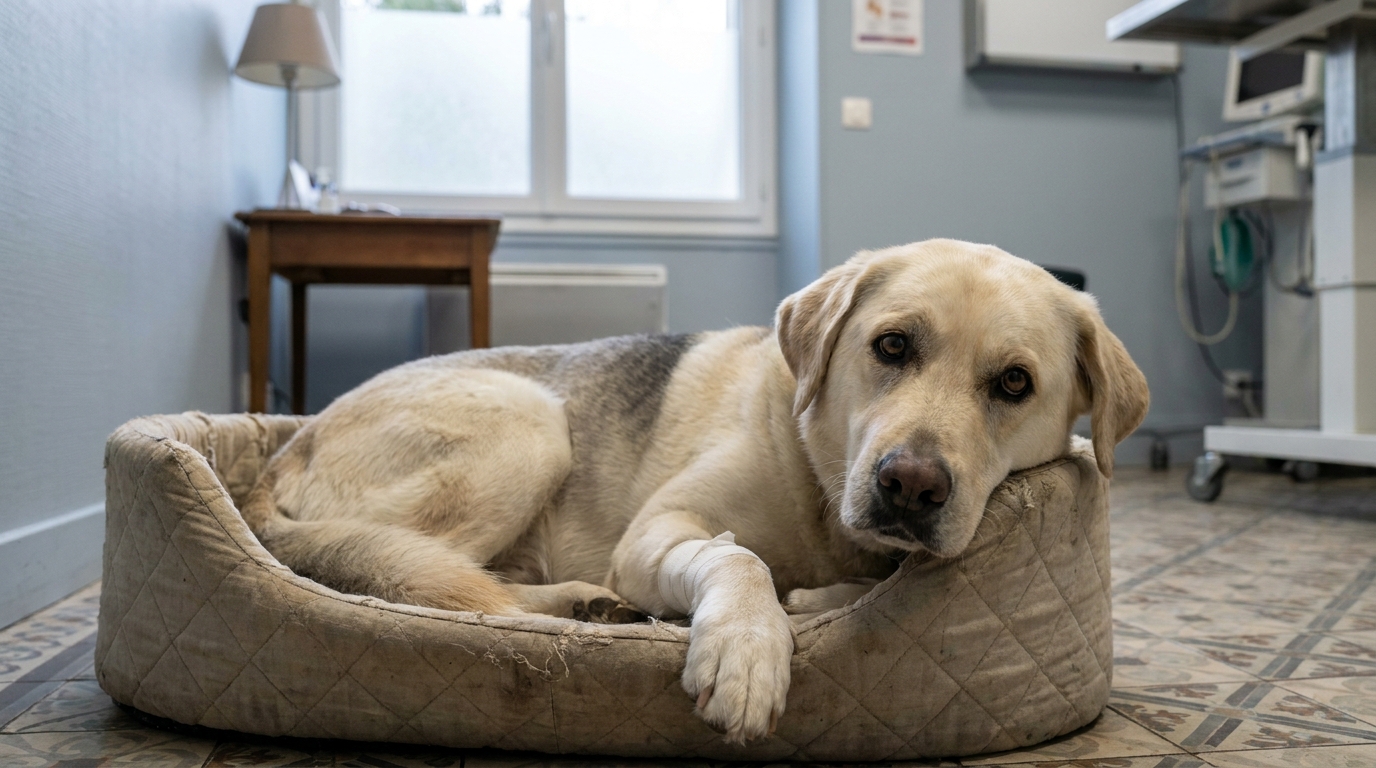 Un chien croisé labrador et husky au regard triste, se remettant de graves blessures dans un refuge en Bretagne.