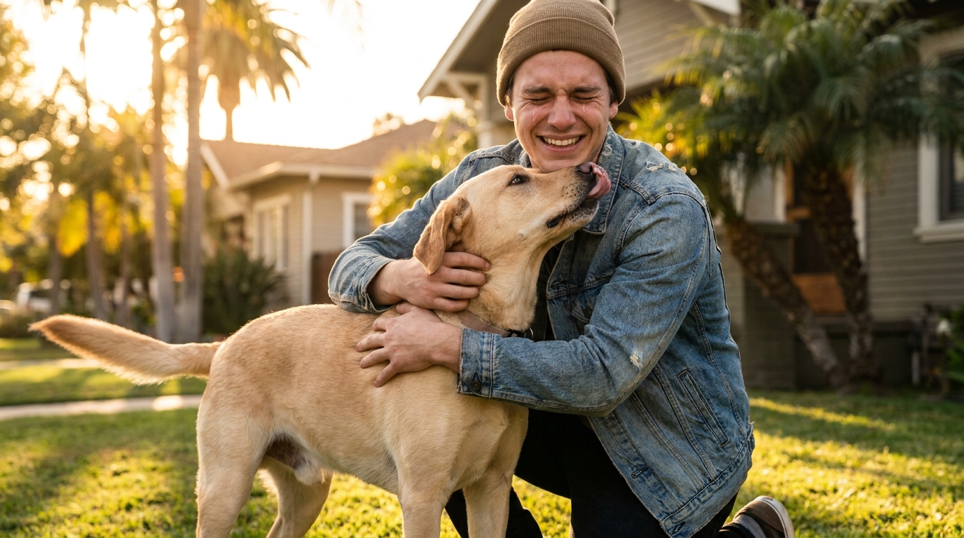 Un homme agenouillé étreint avec émotion son chien de type Labrador dans un parc, le soleil couchant californien en arrière-plan.