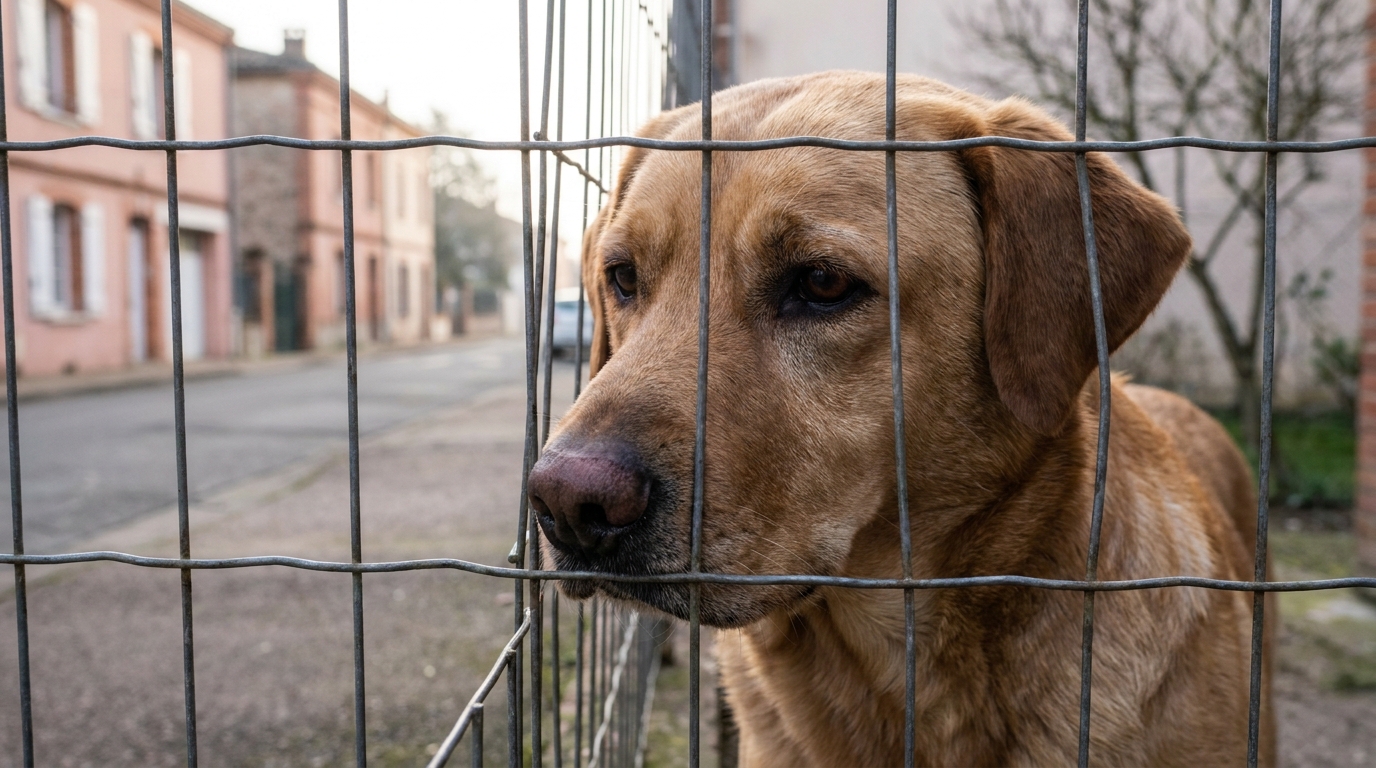 Un chien croisé Labrador au regard triste, vu de près derrière une clôture, symbolisant une décision difficile et irréversible.