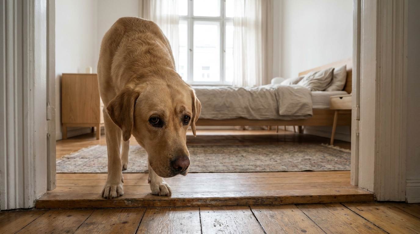 Un Labrador retriever regarde avec tristesse le lit vide de sa maîtresse dans une chambre baignée de lumière.