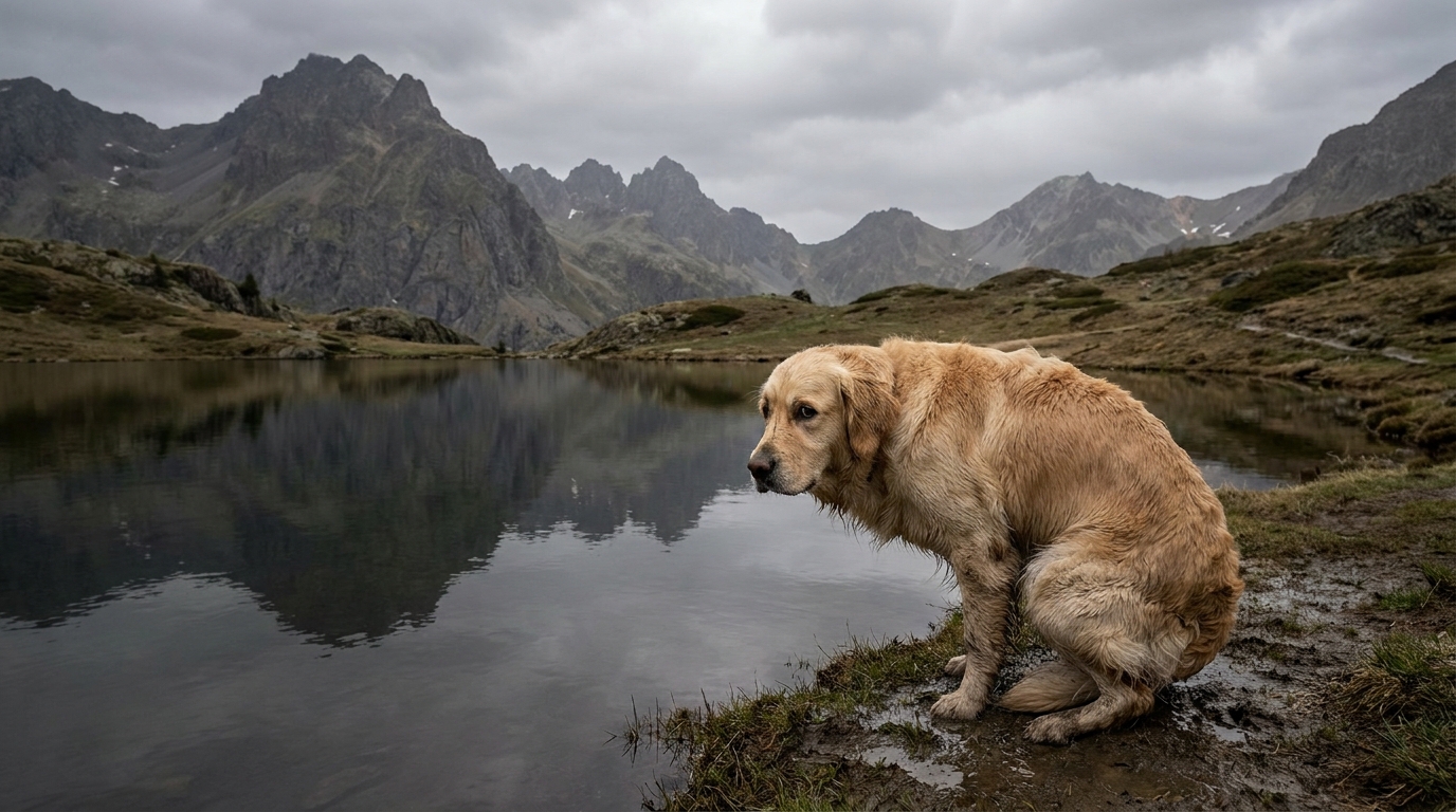 Un chien regarde avec inquiétude l'eau d'un lac de montagne en France, le lieu d'un drame où des chiens ont été empoisonnés.