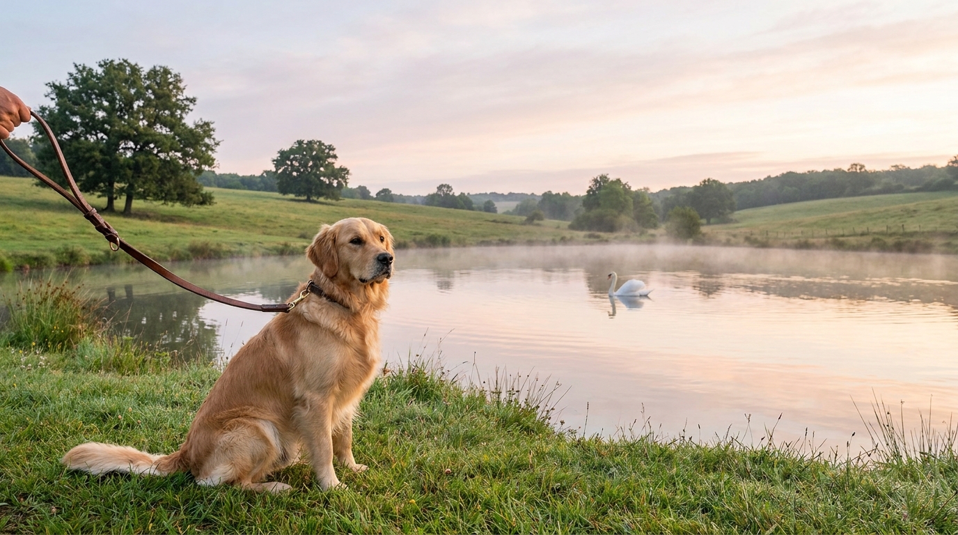 Un chien tenu en laisse par son maître observe respectueusement un cygne sur un lac au printemps, illustrant la cohabitation possible.