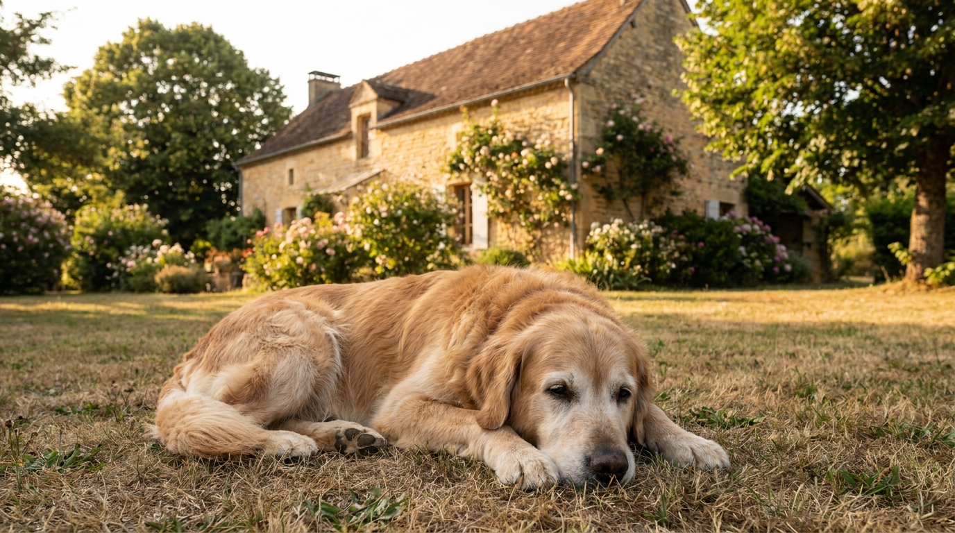 Un chien de type Golden Retriever couché dans l'herbe d'un jardin, l'air triste et faible, illustrant la tragédie d'un empoisonnement.