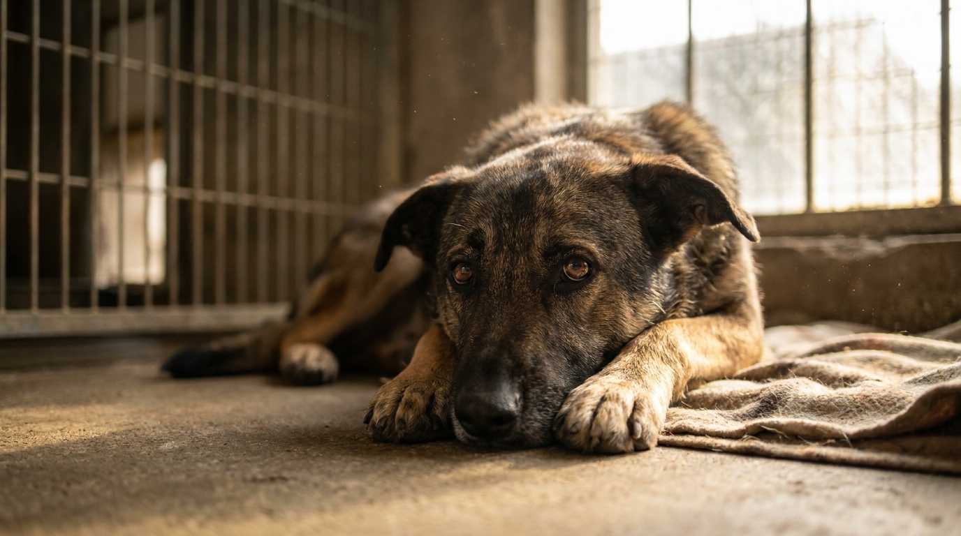 Lewis, un chien croisé malinois/berger allemand, regarde tristement depuis son box à la SPA, attendant une famille depuis trois ans.