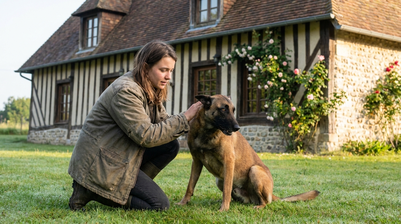 Un chien de race Malinois assis dans un jardin, l'air confus, tandis que sa maîtresse pose une main réconfortante sur lui.
