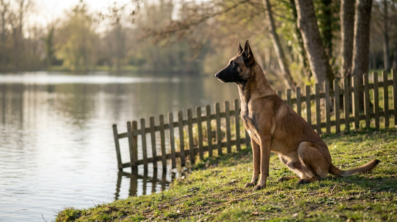 Un chien de race Malinois assis dans l'herbe d'un parc public, près d'un lac, illustrant la responsabilité des propriétaires.