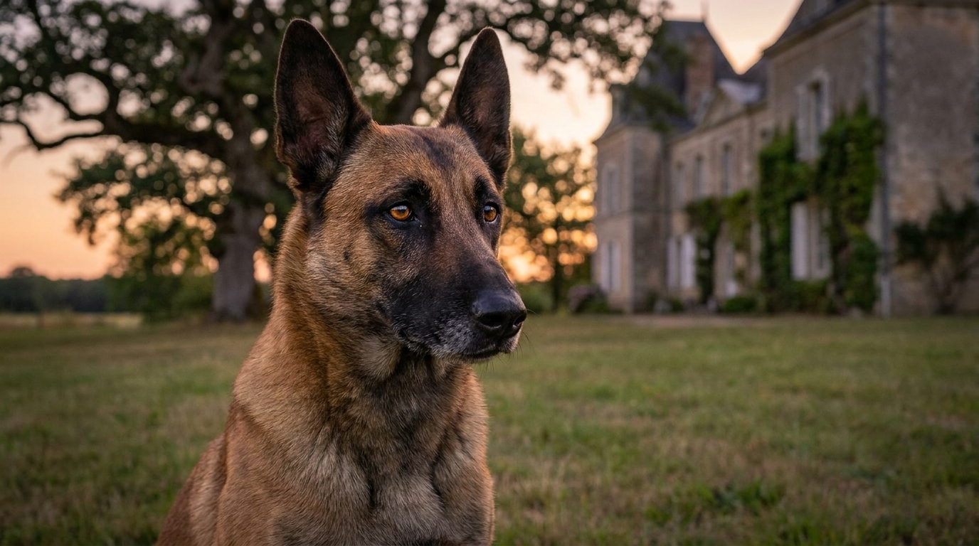 Un chien de race Malinois assis dans l'herbe d'un parc, son regard est empreint de tristesse, symbolisant un conflit familial.