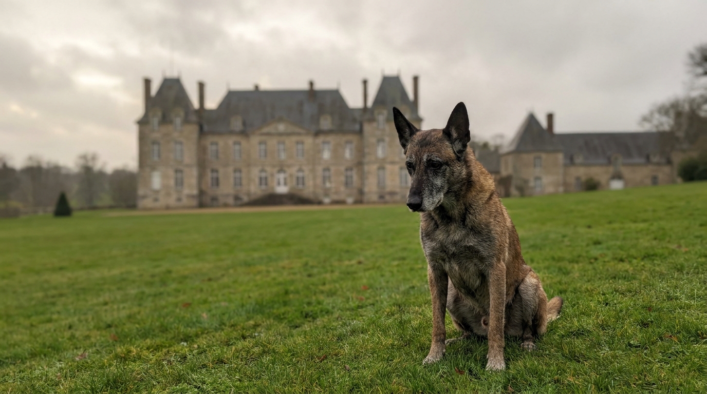 Un chien de race Malinois au regard triste, couché dans l'herbe d'un jardin, symbolisant un drame familial et la perte d'un animal.
