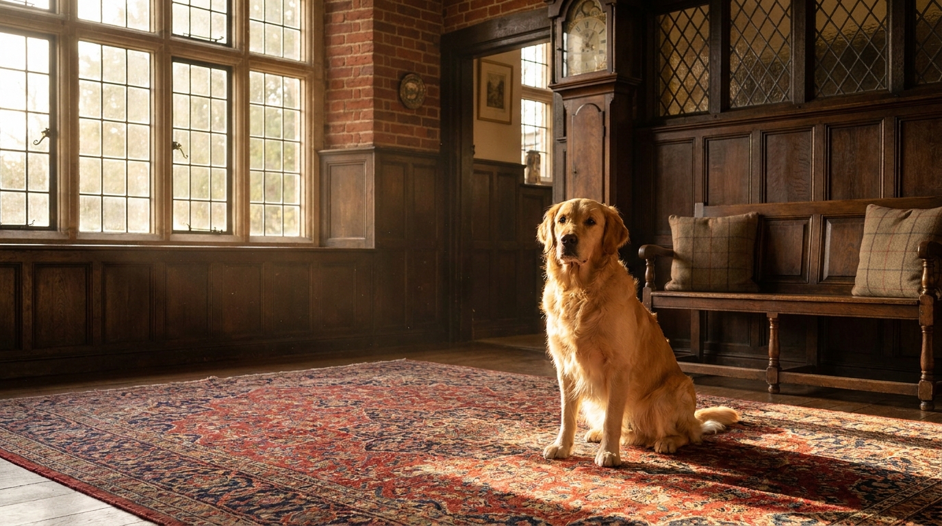 Un chien, peut-être un Golden Retriever, assis sagement dans le hall d'entrée d'un luxueux manoir anglais en briques rouges.