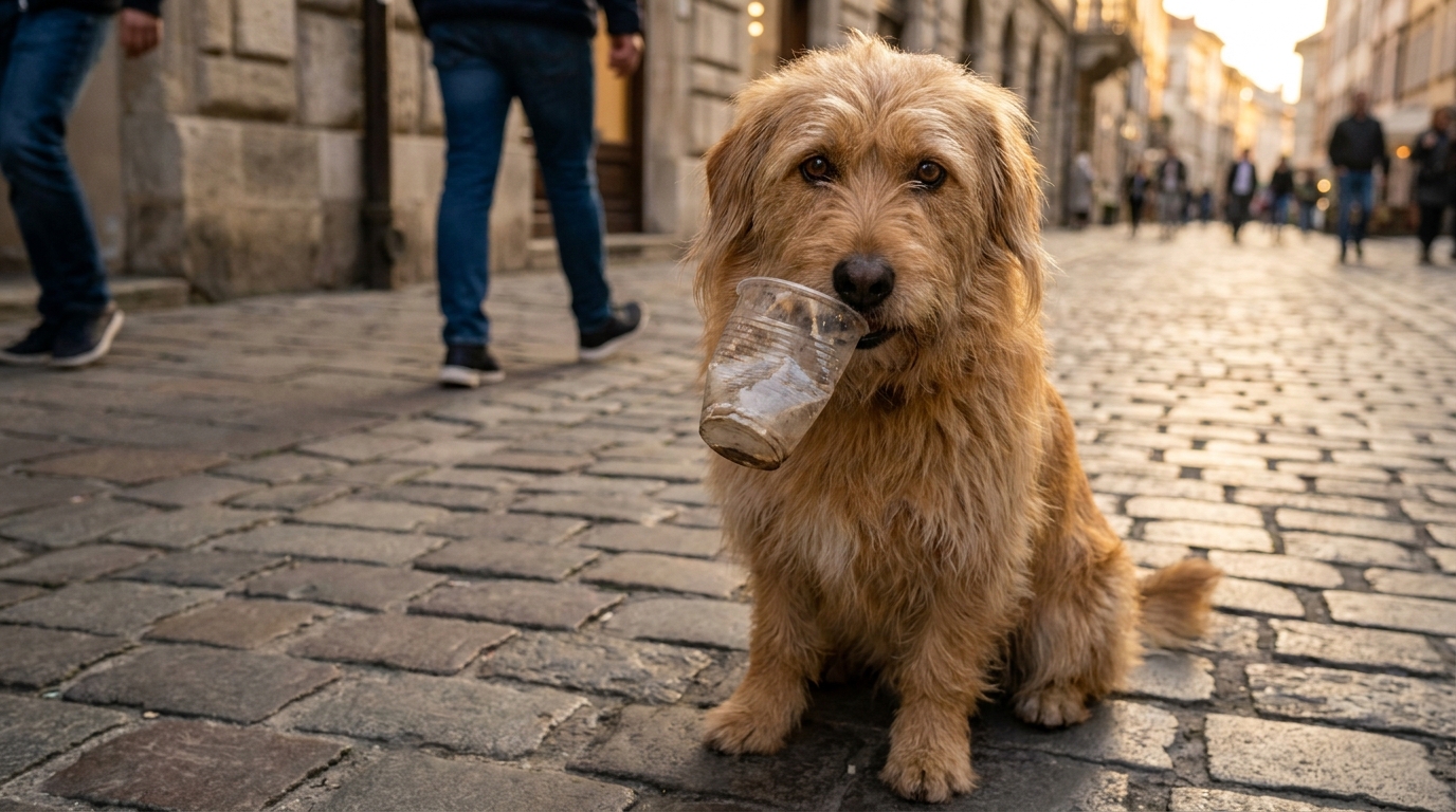 Un chien de type berger assis sur un trottoir en ville, tenant délicatement un gobelet en plastique dans sa gueule pour mendier.