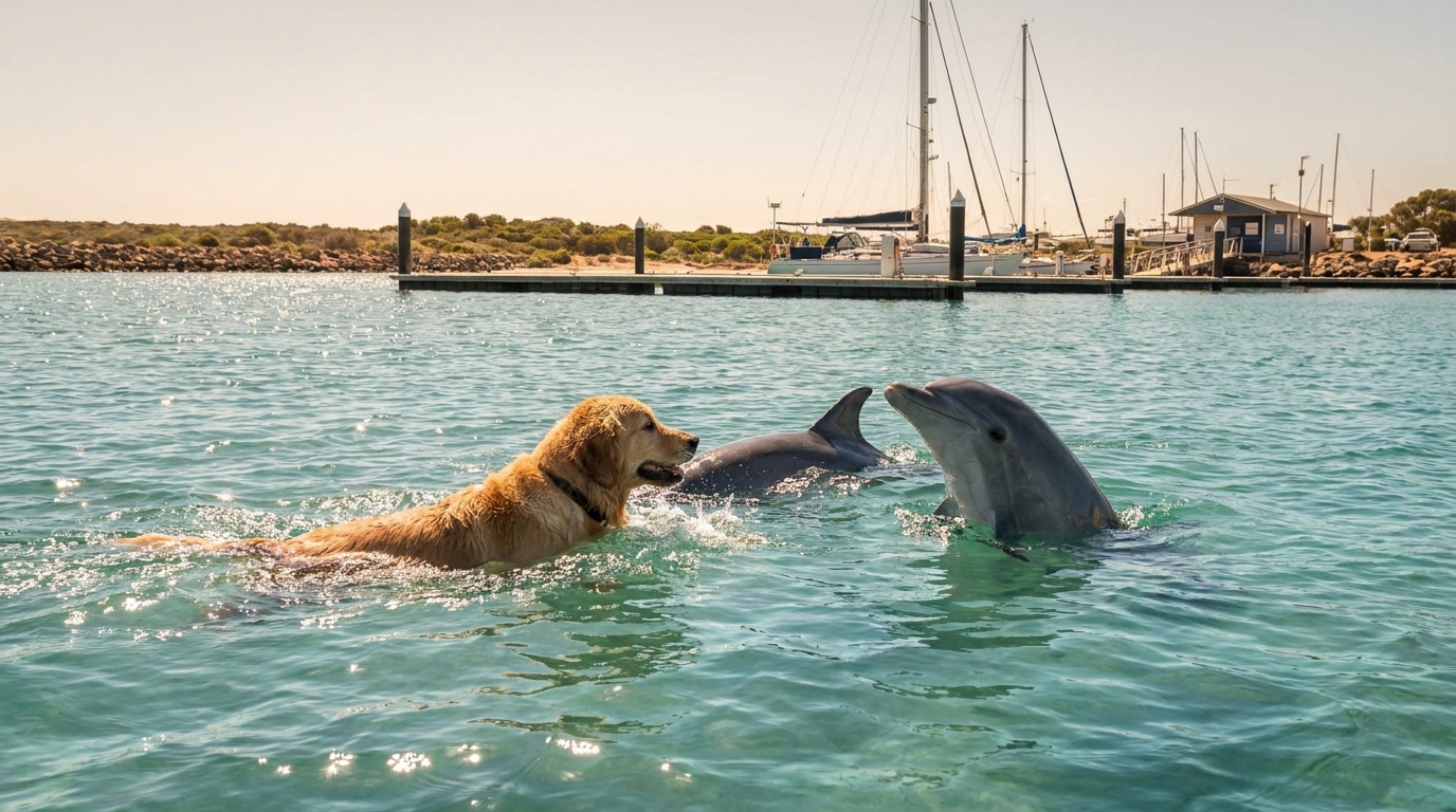 Un golden retriever nageant joyeusement dans une eau turquoise, entouré par deux dauphins joueurs près d'une marina australienne.