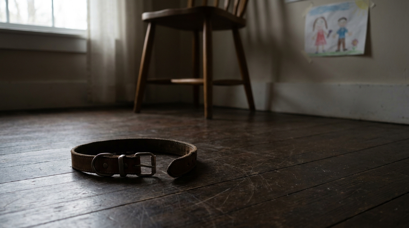 Collier de chien vide sur un sol en bois, symbolisant la perte tragique d'un animal de compagnie après un acte de cruauté.