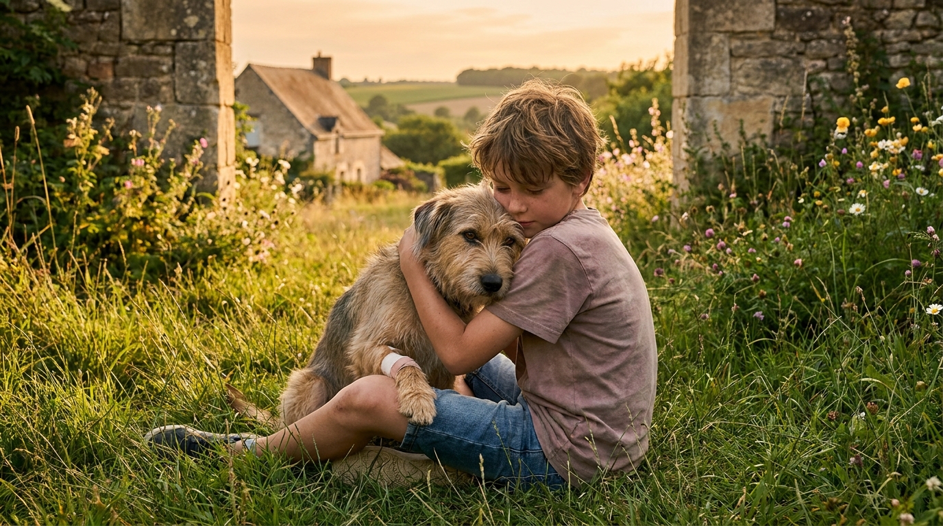 Le chien Pluto, un croisé au pelage clair, blotti avec confiance et affection dans les bras de Tom, un jeune garçon de 12 ans.