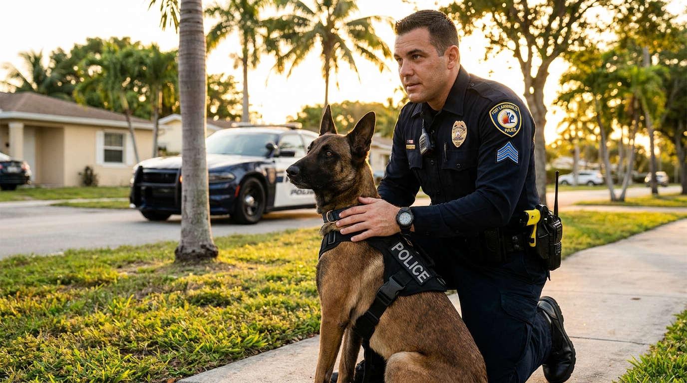 Un Berger Belge Malinois, chien policier, regarde intensément avec un air alerte et courageux, dans un contexte de mission.