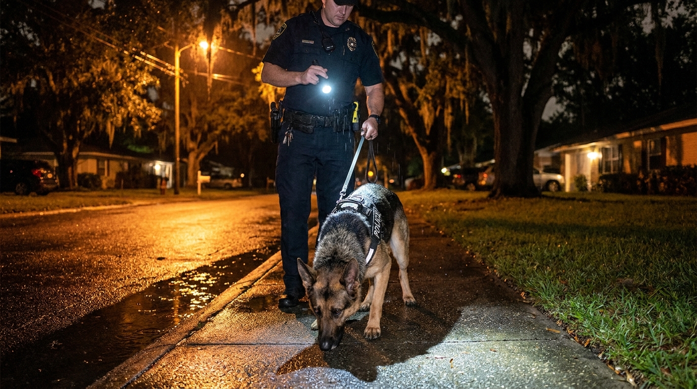 Un chien policier de type Berger Allemand, concentré, flairant une piste sur un chemin en pleine nuit en Floride, guidé par son maître.