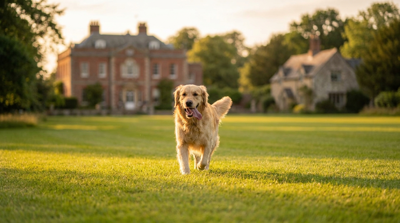 Un chien de race Golden Retriever se promène joyeusement dans l'herbe verte d'un grand domaine privé au Royaume-Uni, avec un manoir en arrière-plan.